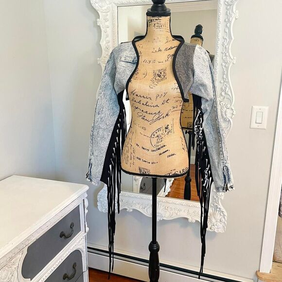 SALE New York Couture Handmade Reworked 80’s Jeans Fringe Cropped Jacket - Picture 5 of 7